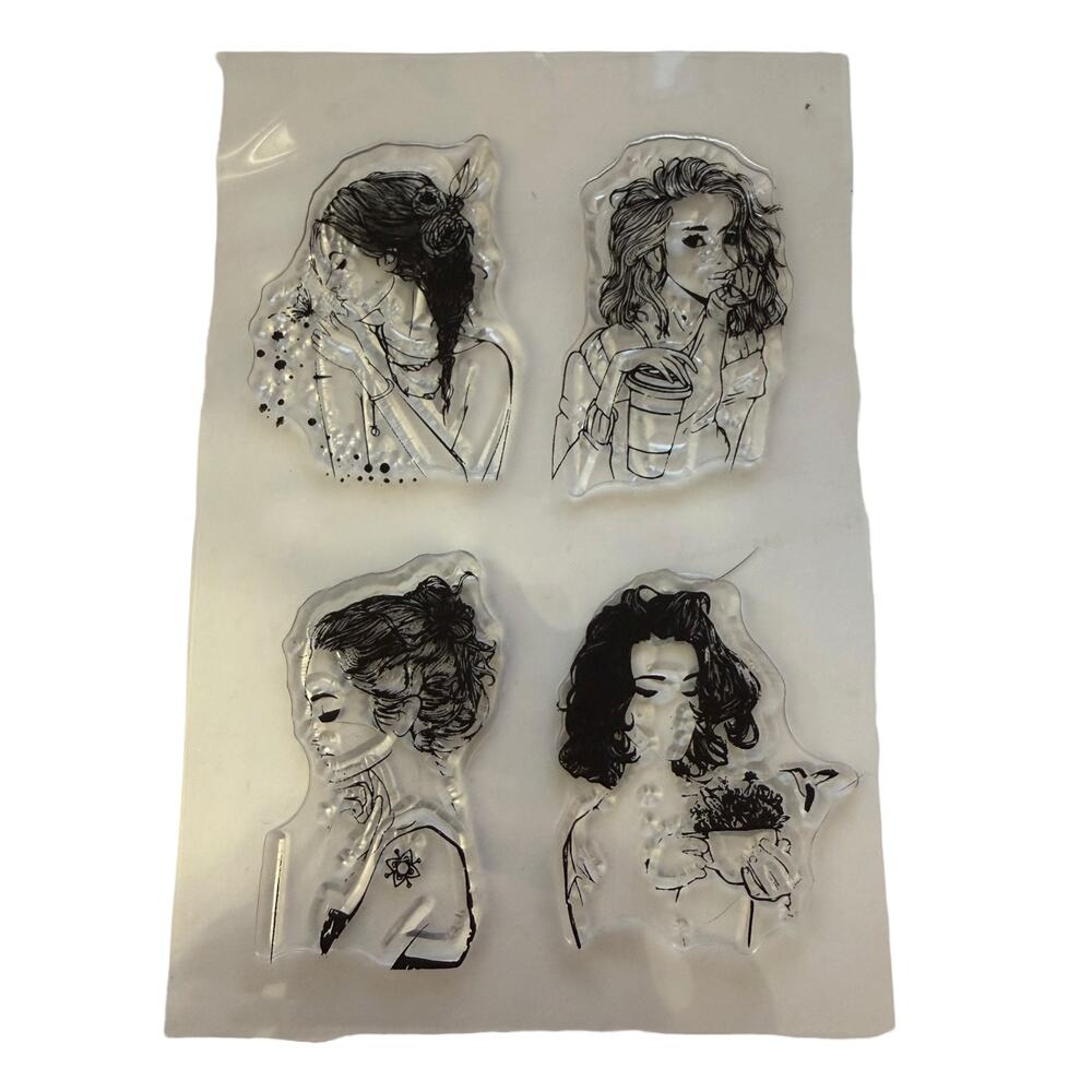 Fashion Girl Silhouette Portrait Set Of 4 Cardmaking Cling Rubber Stamps NEW